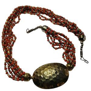 Vintage Orange Beaded Multi-strand Statement Necklace Bronze Hammered Pendant